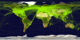 2009年世界预定商业航空交通路线图。这个网络随着新路线的计划或取消而不断演变